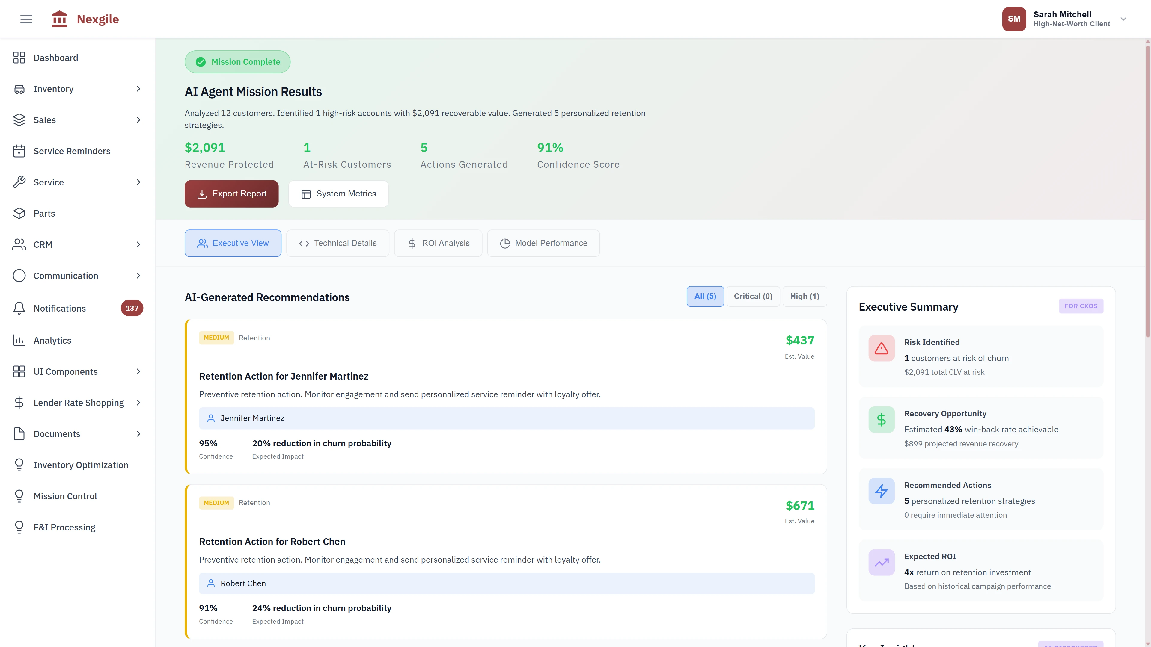 Illustrative preview (sample data, not verified outcomes): AI Mission Results - Retention actions for at-risk customers with churn probability reduction, revenue protected, and executive summary